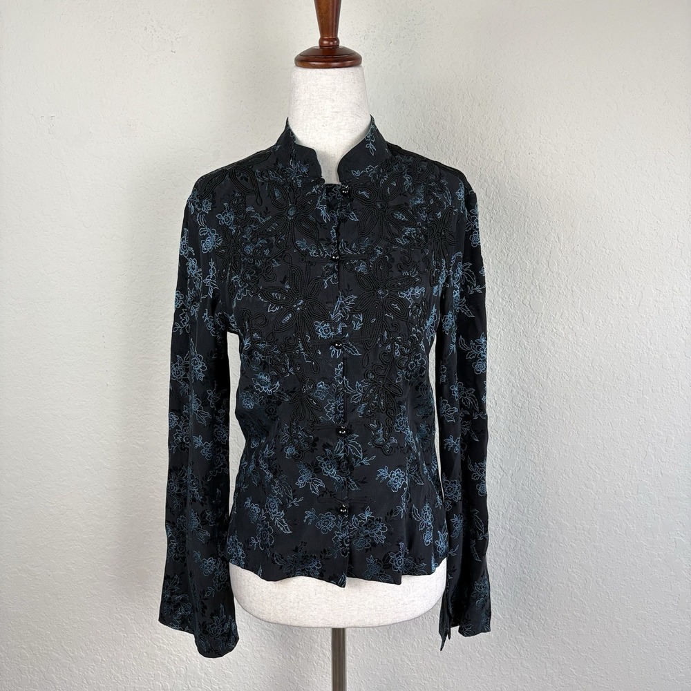 VTG Monsoon Womens 4 Y2K Kimono Top Blue Whimsigoth Floral Silk Blend Oriental